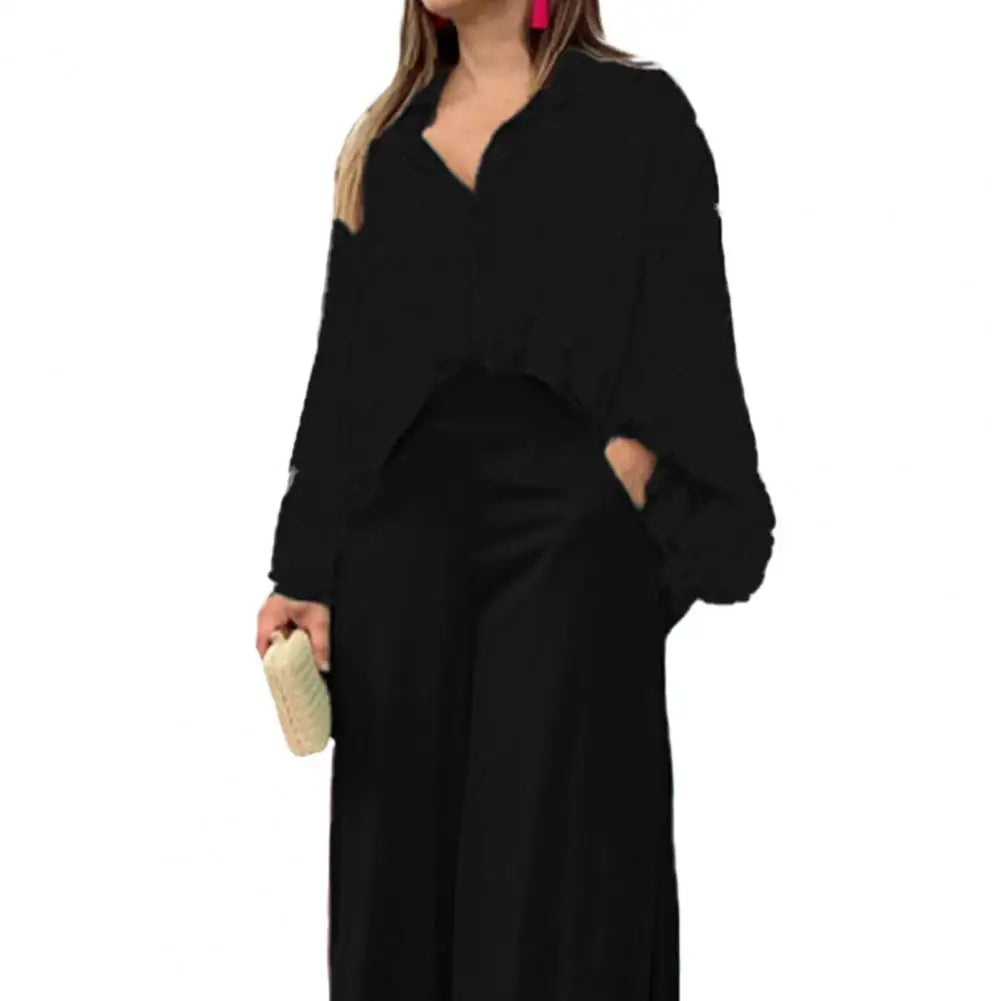 Ensemble Chemise et Pantalon à Revers pour Femme, Tenue Simple, Imprimé Feuilles, Manches sulf, Taille Haute, Jambes Larges, Tenue de Bureau, Tenue de Salon, 2 Pièces/Ensemble