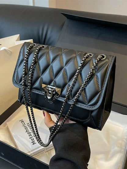 1 sac à bandoulière simple et élégant en grille de diamant, sac à bandoulière avec chaîne en métal, adapté à un usage quotidien de loisirs pour femmes-A-DH