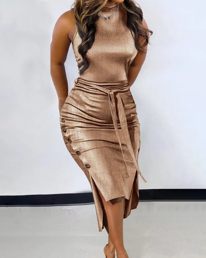 Robes pour femmes 2023 élégant col montant noué déatil boutonné robe de soirée 2023 automne hiver printemps nouvelle mode décontractée