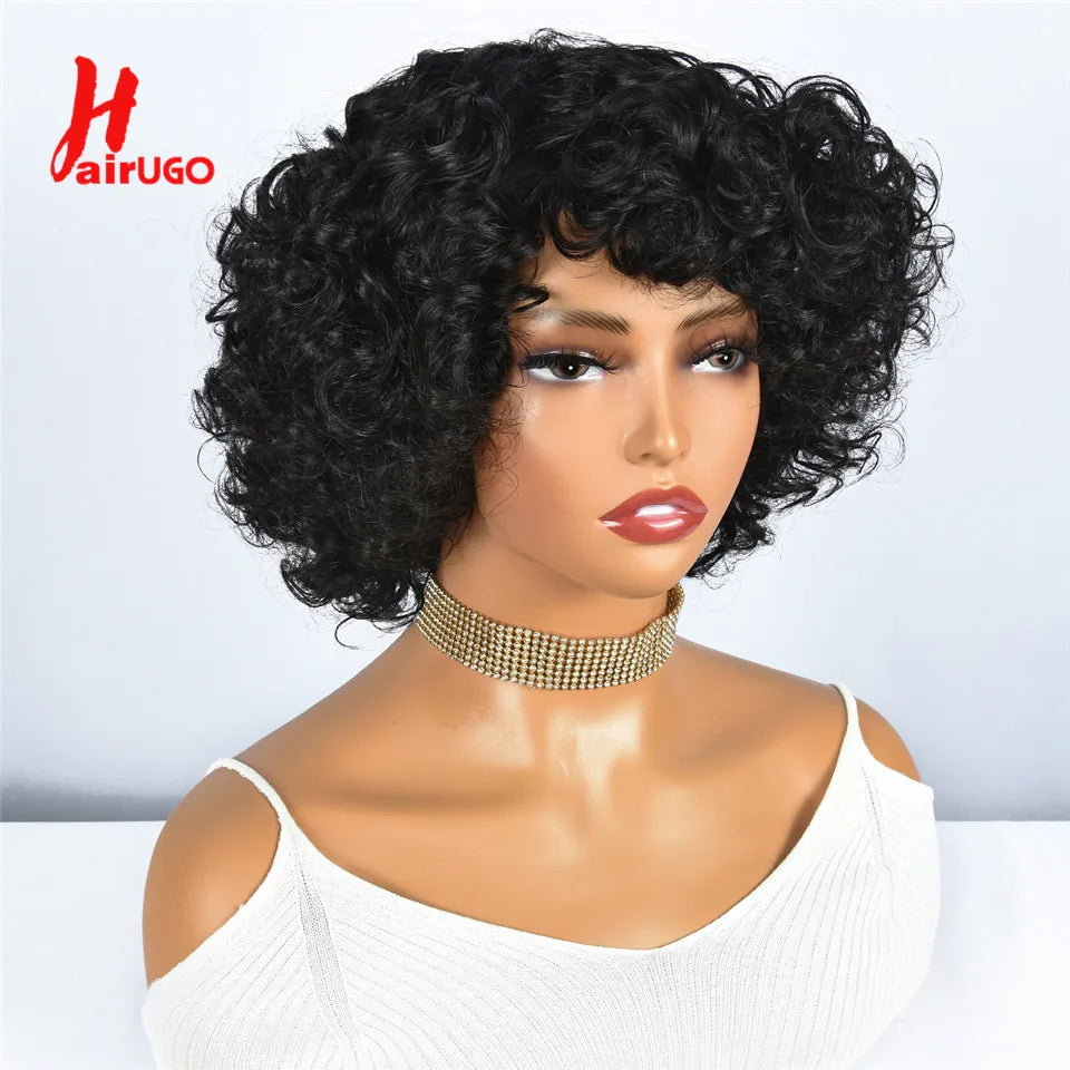 Hairugo-Perruque de Cheveux Humains Bouclés Coupe Pixie à Reflets, Sans Colle, avec Frange Entièrement Fabriquée à la Machine