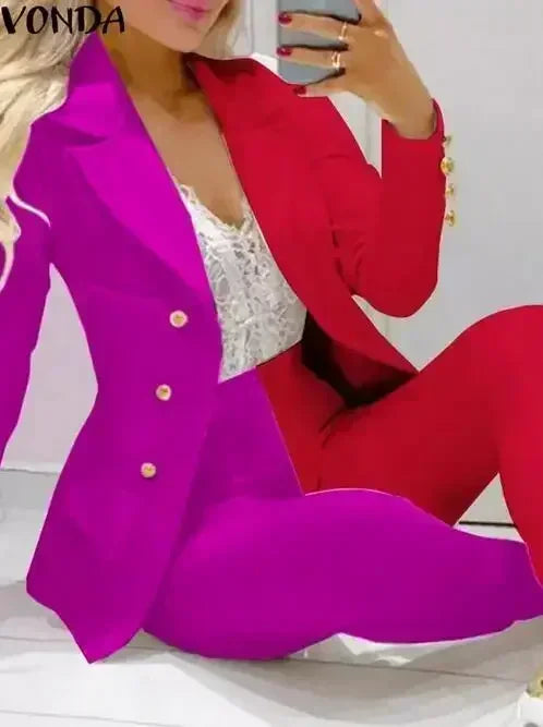 Ensemble Blazer et pantalon à col à revers imprimé à carreaux pour femmes, 2 pièces, vêtements, costume, pantalon, mode printemps-automne décontractée