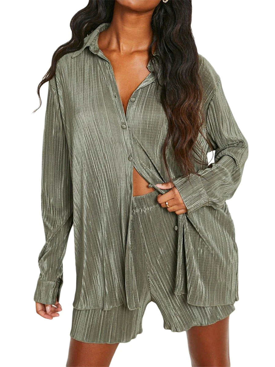 Ensemble de vêtements décontractés pour femmes, chemise froncée à manches longues, boutonnée et short, 2 pièces