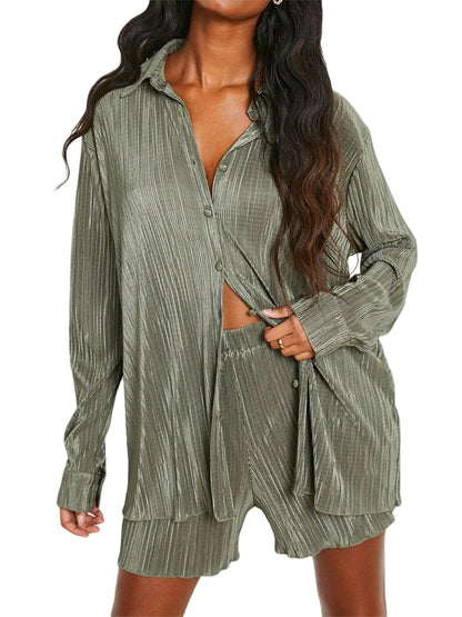 Ensemble de vêtements décontractés pour femmes, chemise froncée à manches longues, boutonnée et short, 2 pièces