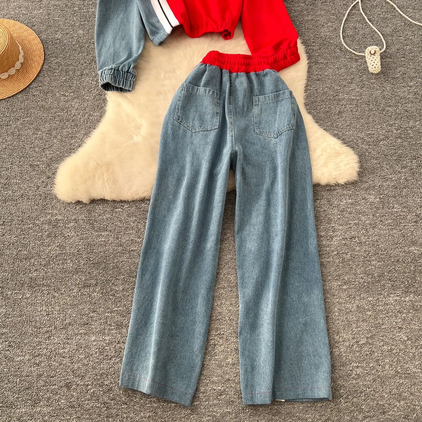 Ensemble pantalon deux pièces pour femmes, col rond, assorti, sweat-shirt, hauts, jambes larges, pantalons longs, décontracté, ample, taille élastique, Denim