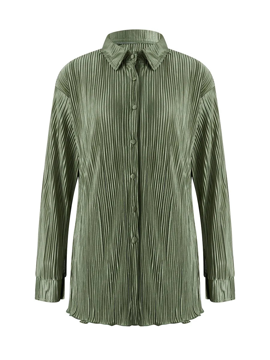 Ensemble de vêtements décontractés pour femmes, chemise froncée à manches longues, boutonnée et short, 2 pièces