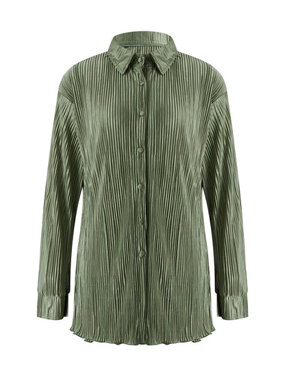 Ensemble de vêtements décontractés pour femmes, chemise froncée à manches longues, boutonnée et short, 2 pièces