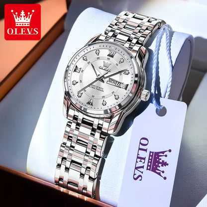 OLEVS meilleure vente mode en acier inoxydable Quartz dames montre de luxe double calendrier lumineux étanche montre élégante pour les femmes