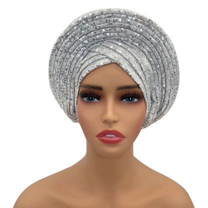 Paillettes Autogele Turban casquette pour femmes prêt africain Auto Gele casque Nigeria mariage Geles femme bandeau dame casque