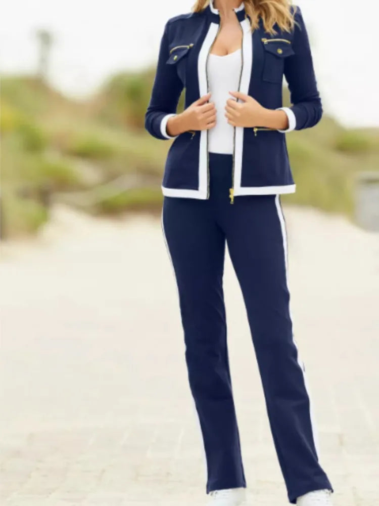 Ensemble deux pièces décontracté pour femmes, nouvelle mode, couleur unie, élégant, Slim, Simple, fermeture éclair, haut, pantalon de survêtement droit, automne et hiver