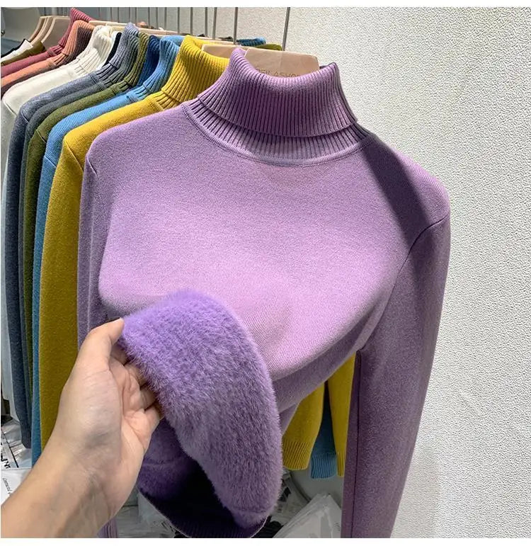 Pull épais à col haut pour femme, haut d'hiver chaud et doux, couleur unie, vêtements intérieurs, chemise à bascule, nouvelle collection 2025