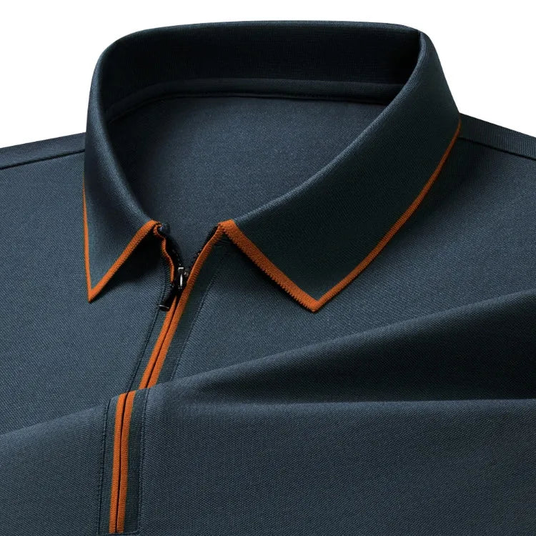 Polo en soie à fermeture éclair pour hommes, T-Shirt à manches courtes en mûrier avec fermeture éclair en métal, col montant, haut d'été décontracté de luxe en coton et lin