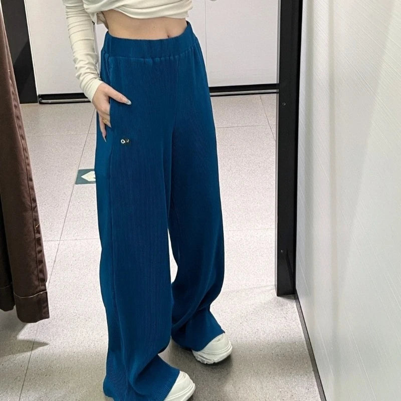 Sport Yoga taille haute pantalon droit femmes plié ample jambe large pantalon respirant décontracté solide taille élastique pantalons pour femmes