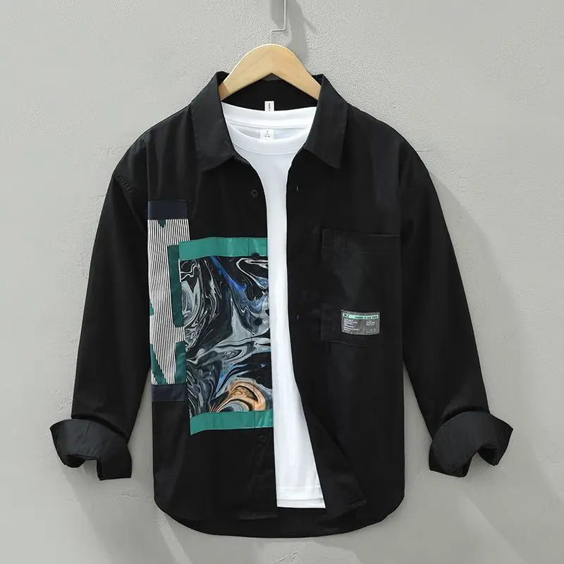 Chemises à manches longues pour hommes, col carré épissé, poche boutonnée, mode imprimée, minimaliste, décontracté, printemps, automne, nouveau, 2024