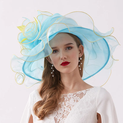 Femmes élégantes chapeau de soleil Organza Fedoras été chapeaux de soleil femmes Kentucky Derby large bord casquette de plage mariage Cocktail thé fête chapeaux