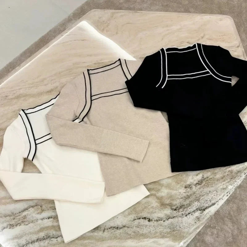 Français élégant bloc de couleur à manches longues chemise tricotée femmes col carré conception spectacle clavicule T-Shirt décontracté haut tendance