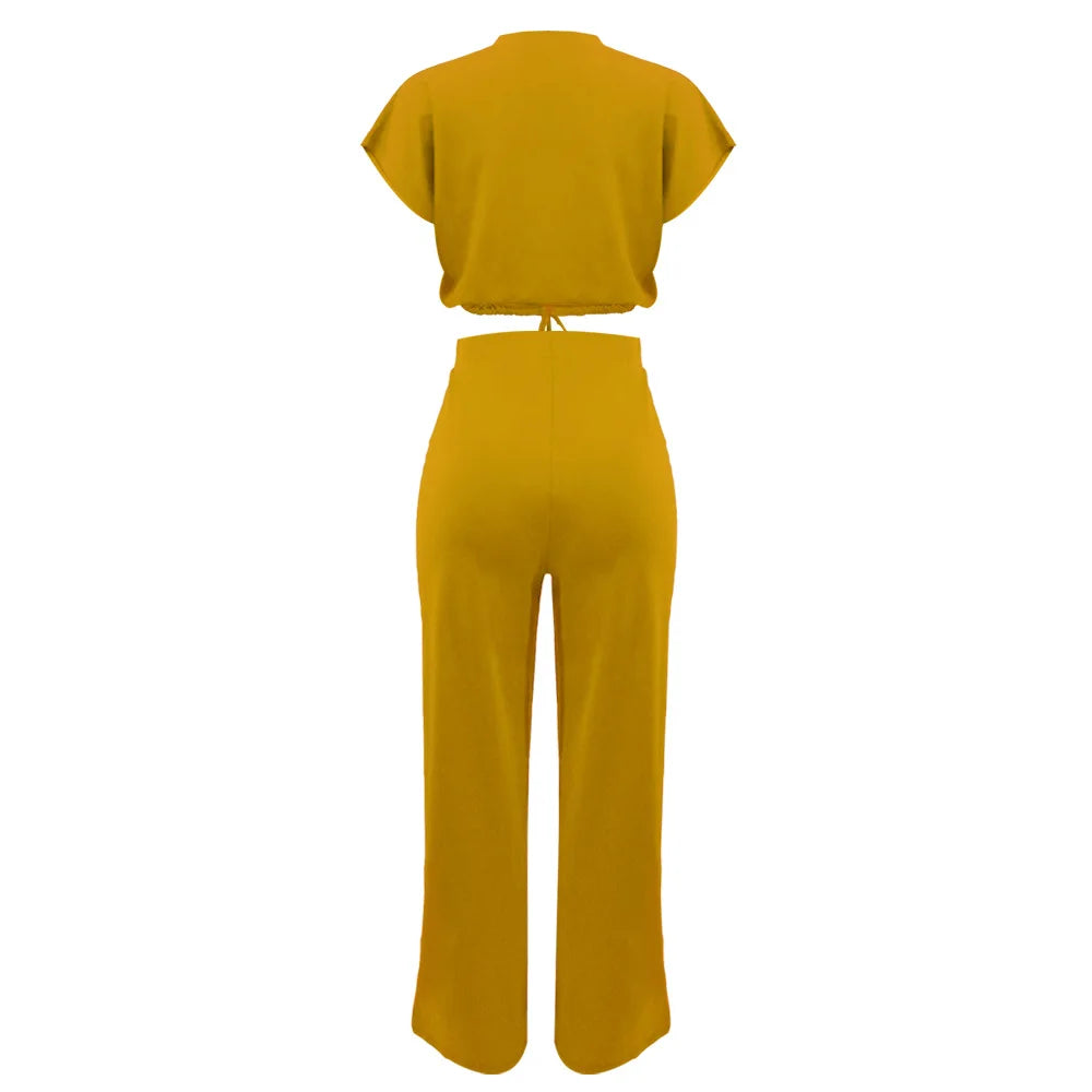 Femmes décontracté col rond cordon à manches courtes haut et taille haute pantalon ensemble été solide deux pièces costume ensembles tenues ensemble femme