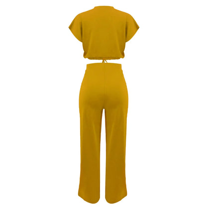 Femmes décontracté col rond cordon à manches courtes haut et taille haute pantalon ensemble été solide deux pièces costume ensembles tenues ensemble femme