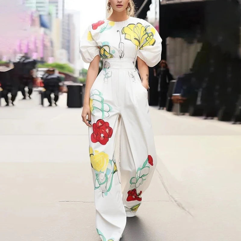 Krisstargirl tenue d'été 2 pièces ensemble pour femme 2025 nouvelle fleur imprimé Blouses haut et pantalon plissé à jambes larges ensembles femme vêtements