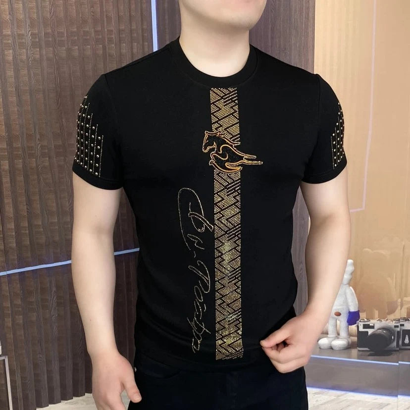 Luxe strass T-shirt à manches courtes pour hommes été col rond coupe ajustée décontracté T-shirt Social Streetwear T-shirt hauts M-5XL