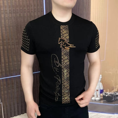 Luxe strass T-shirt à manches courtes pour hommes été col rond coupe ajustée décontracté T-shirt Social Streetwear T-shirt hauts M-5XL