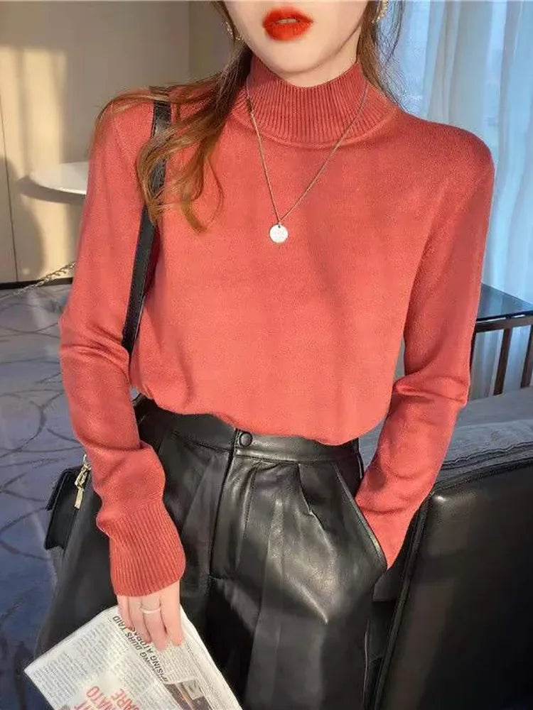 Automne hiver Chic bas chandails femmes mode col roulé Pull ample à manches longues tricoté Pulls doux chaud Pull Femme haut