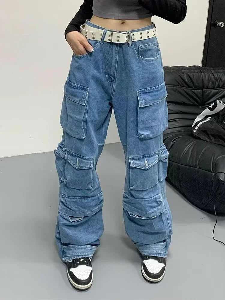 Jean Baggy à jambes larges pour femmes, pantalon Cargo multi-poches, nouvelle mode Harajuku Y2K, Streetwear, jean bleu délavé, 2025