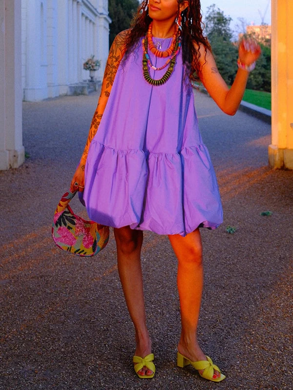 Krisstargirl femmes été bulle Mini robe 2025 taille haute sans manches jupe évasée coton robes courtes décontractées pour femme