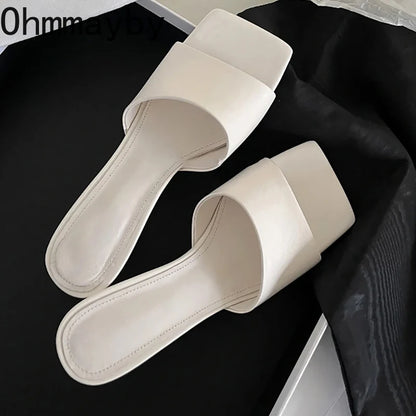 Pantoufles d'été à talons compensés pour femmes, élégantes, bout carré, diapositives à enfiler, robe d'extérieur, chaussures de Style de rue