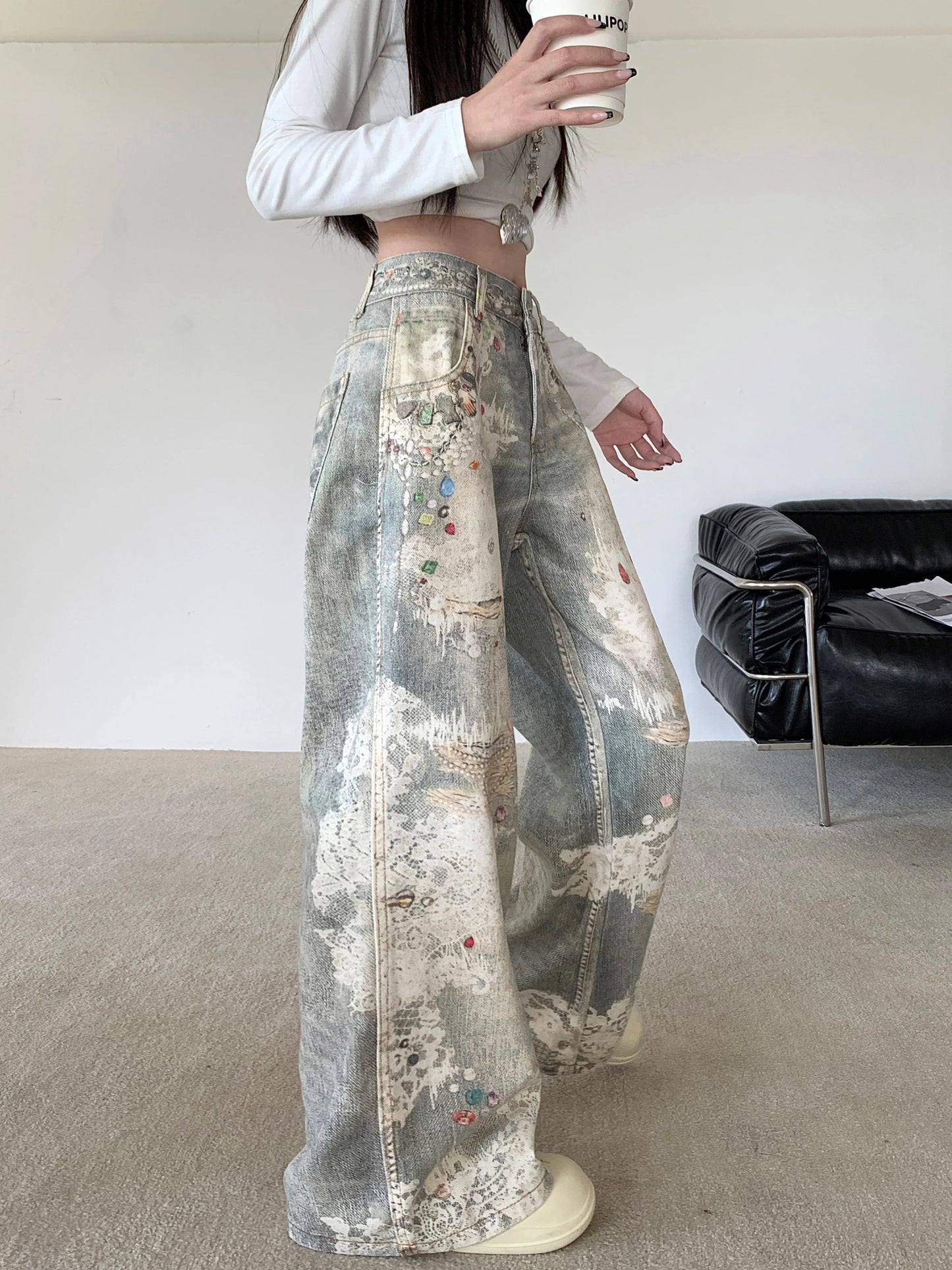 Jeans baggy gris pour femmes, diamants décoratifs Y2K, rue haute, fjHarajuku, style fille chaude des années 2000, pantalons rétro, vêtements