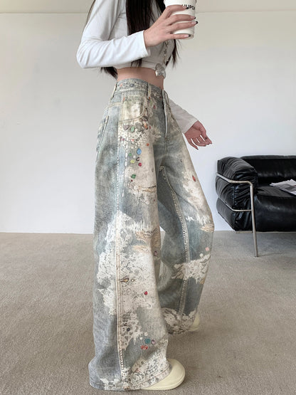 Jeans baggy gris pour femmes, diamants décoratifs Y2K, rue haute, fjHarajuku, style fille chaude des années 2000, pantalons rétro, vêtements
