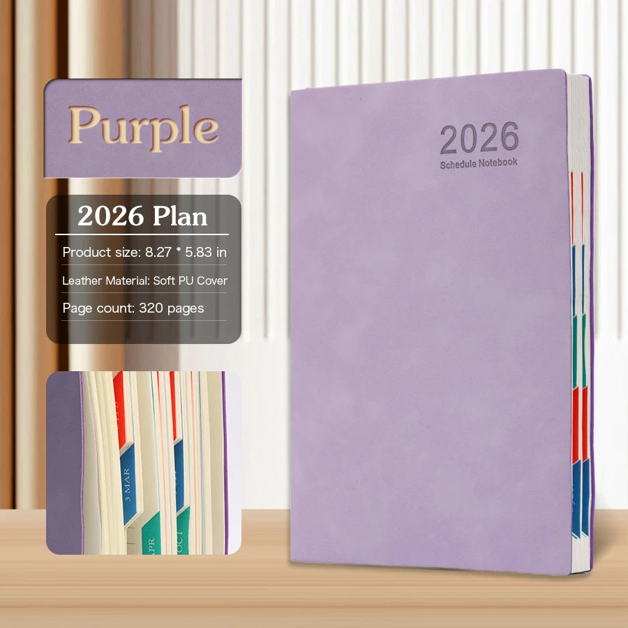 2026 A5 – Carnet de calendrier quotidien et hebdomadaire de 365 jours, journal de calendrier portable pour le bureau scolaire, couverture en cuir PU