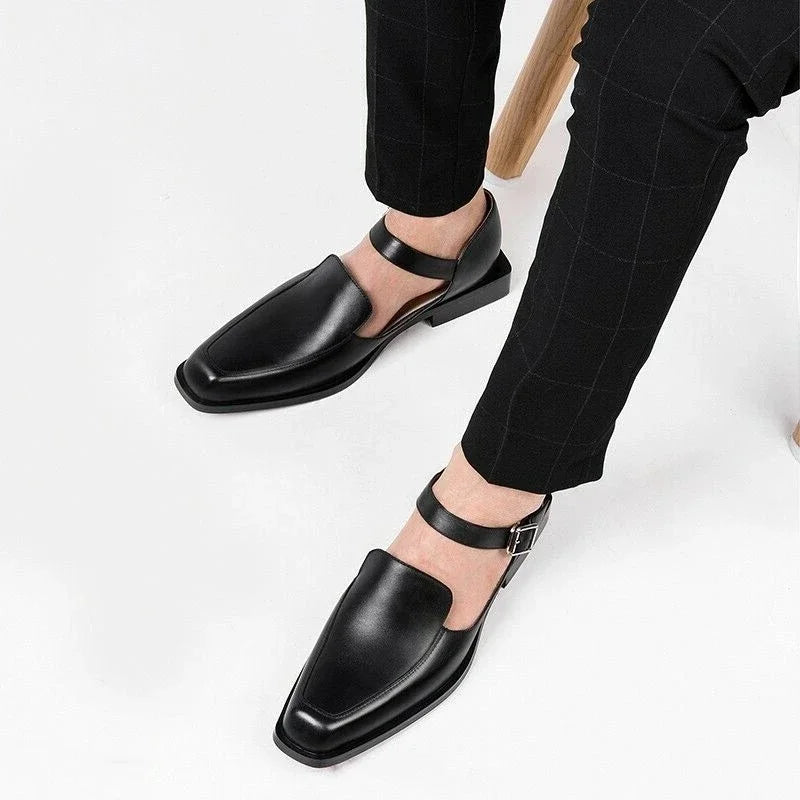Sandales d'été noires pour hommes, chaussures habillées en cuir Pu avec sangle à boucle, chaussures formelles d'affaires, nouvelle collection