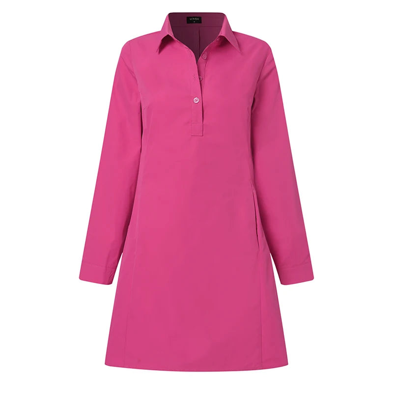 VONDA 2025 été chemise robe femmes élégant à manches longues couleur unie robe d'été décontracté boutons amples poches courtes Mini robes