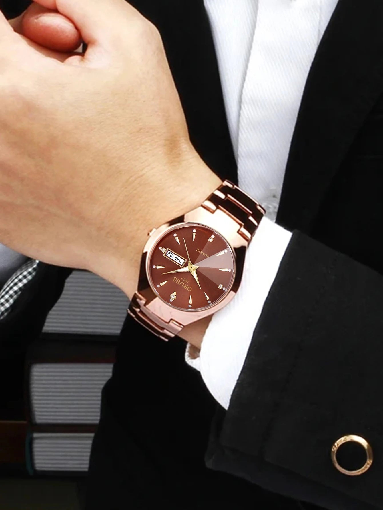 ORUSS-Montre de couple étanche pour hommes et femmes, quartz, acier inoxydable, date, semaine, horloge, cadeau pour amoureux, mode décontractée