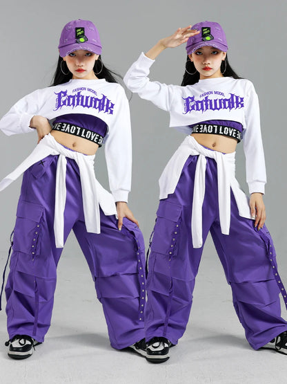 Haut court K-pop pour filles, pantalons cargo, cardigan de danse de rue pour enfants, olympiques streetwear pour enfants, ensembles de vêtements de groupe de filles Jazz