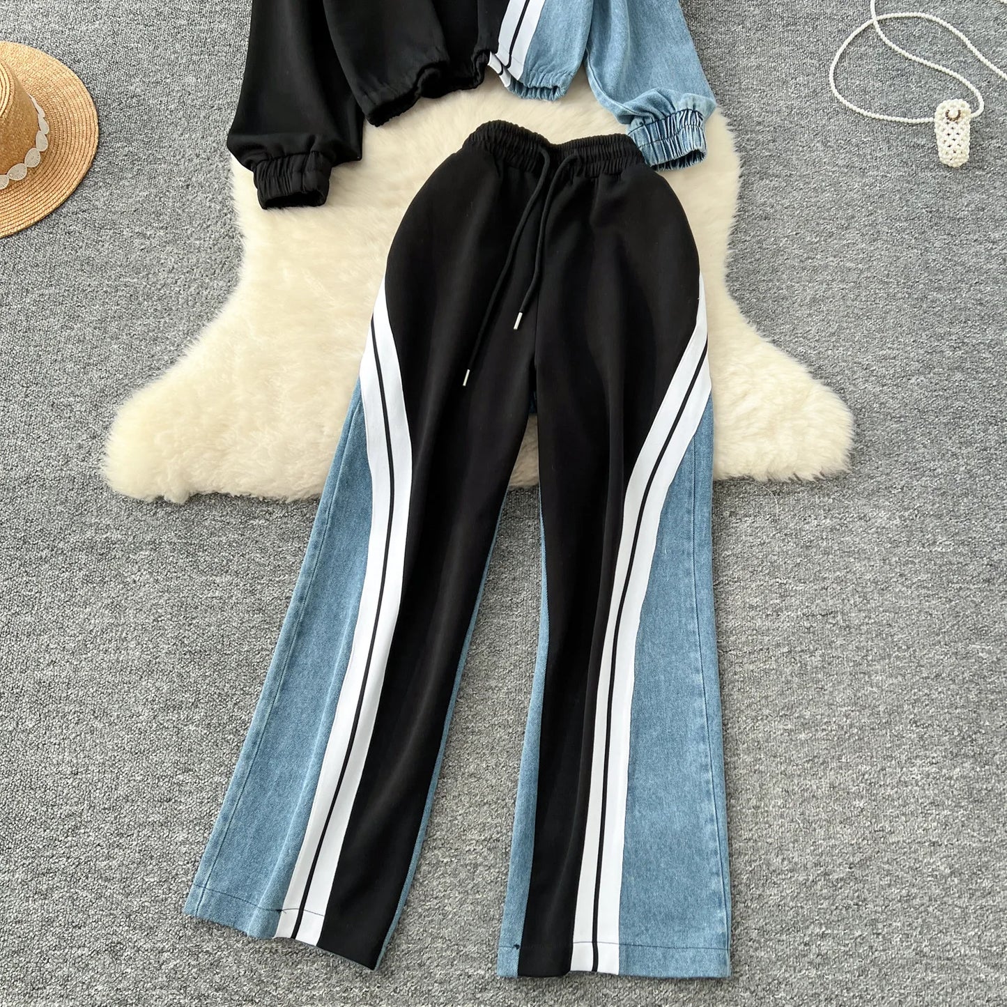 Ensemble pantalon deux pièces pour femmes, col rond, assorti, sweat-shirt, hauts, jambes larges, pantalons longs, décontracté, ample, taille élastique, Denim