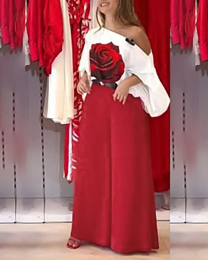 Ensemble deux pièces décontracté pour femmes, vêtements d'été pour femmes, T-shirt à manches lanternes et col incliné imprimé Rose, haut et pantalon à jambes larges, 2025