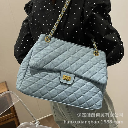 Sac à bandoulière en chaîne en Denim tendance, polyvalent, à motifs de diamants, forme carrée douce, Style minimaliste neutre, Linin en Polyester