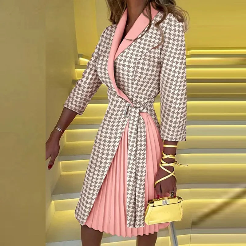 Robe de soirée imprimée à carreaux à manches trois-quarts pour femmes, col en V, dame de bureau, mode pour dames, streetwear d'automne, livraison directe, nouveau