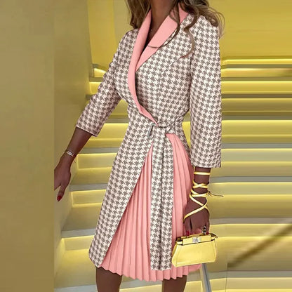 Robe de soirée imprimée à carreaux à manches trois-quarts pour femmes, col en V, dame de bureau, mode pour dames, streetwear d'automne, livraison directe, nouveau