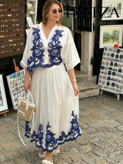 TRAFZA – ensemble 2 pièces pour femmes, chemise ample à simple boutonnage brodée bleue + jupe de rue plissée ample taille haute Chic