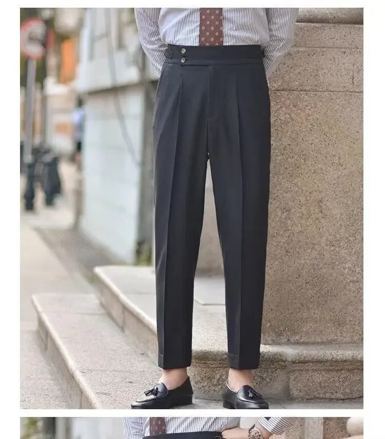 BS Vintage taille haute hommes décontracté pantalon droit Smalltrousers affaires britanniques Paris boucle blanc pantalon Long