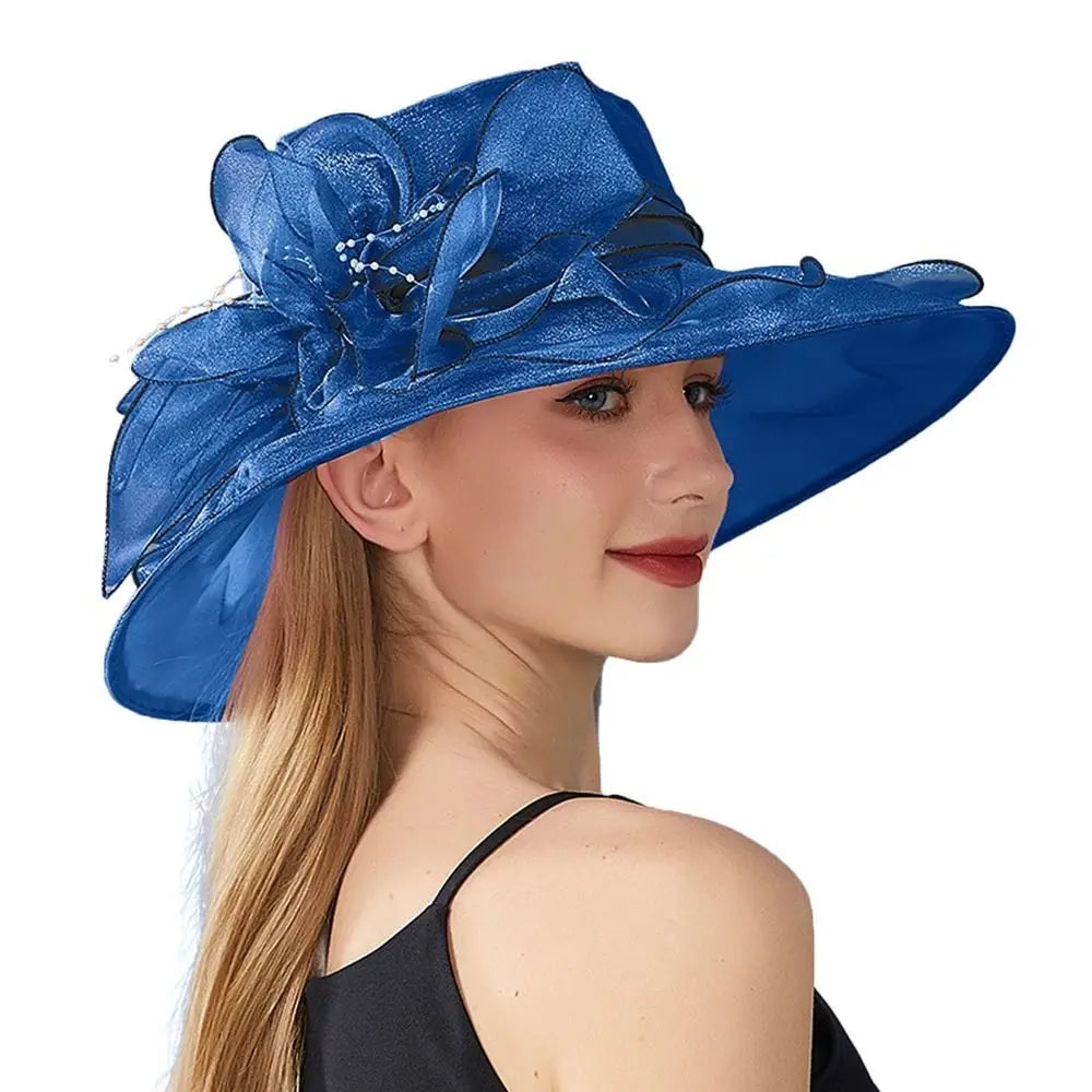 Chapeau Derby à fleurs de couleur unie pour femmes, en Organza à large bord, à volants, chapeau de soleil pliable, Protection UV, pour fête de thé, mariage