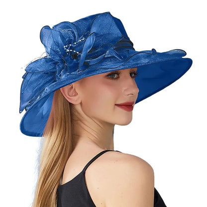 Chapeau Derby à fleurs de couleur unie pour femmes, en Organza à large bord, à volants, chapeau de soleil pliable, Protection UV, pour fête de thé, mariage