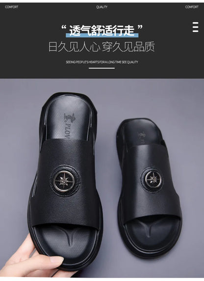 Luxury Men's Genuine Leather Sandals Classic Roman Men Shoes Slippers Soft Comfortable Men Non-slip Walking Slippers Footwea