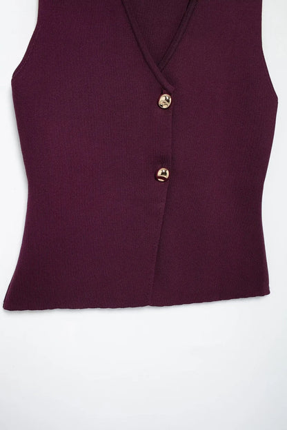 TRAFZA 2025 femmes jupe ensemble vin rouge tricoté col en v sans manches mince gilet + solide taille haute fermeture éclair Patchwork jupe longue rue