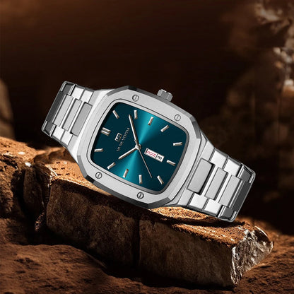 2024 Nouveaux hommes montre mode carré bracelet en acier inoxydable bleu or 3Bar Quartz semaine calendrier simulé affaires sport montre-bracelet