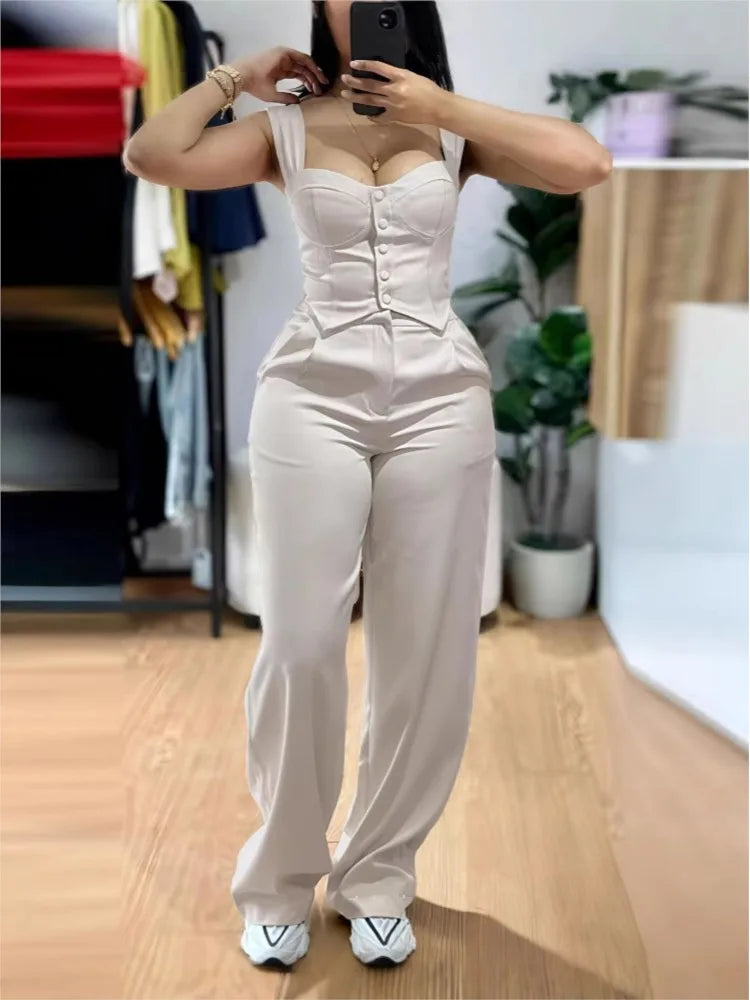 Ensemble deux pièces débardeur sans manches pour femmes, gilet court d'été décontracté, haut Slim et pantalon à jambes larges, costume de bureau élégant