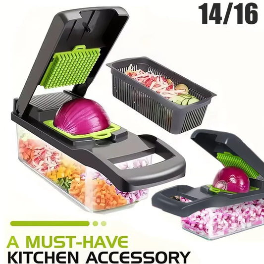 Trancheur de légumes multifonctionnel, broyeur de qualité alimentaire avec panier, hachoir à fruits, pommes de terre, oignon, râpe à carottes, 14/16 pièces