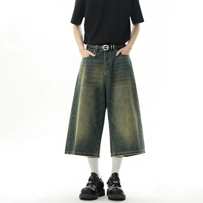 Short en Denim Baggy pour hommes, mode rétro décontractée, ample, jambes larges, longueur mollet, Streetwear Y2K, Style coréen